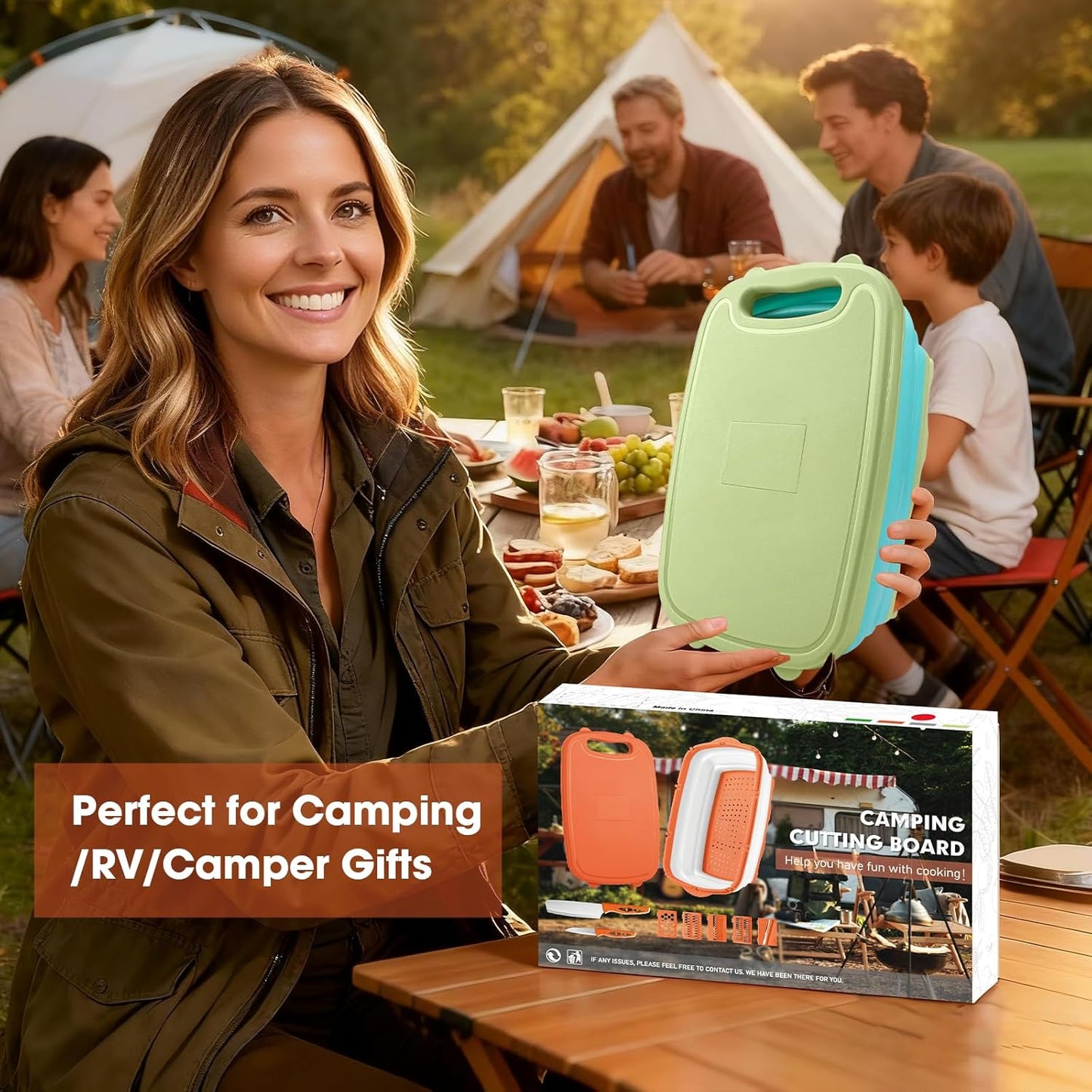 Gintan Camping Cutting Board, 9-in-1 Collapsible Chopping Board with Colander, Kitchen Vegetable Washing Basket for Camping, Camping Gifts Camping Accessories for RV Campers (Gray)