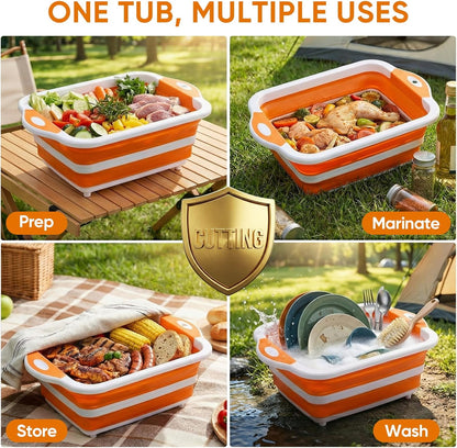 Collapsible BBQ Prep Tub with Lid, Foldable Camping Sink with Colander, Cutting Board, Dish Basin for Kitchen, Bowl, Vegetable and Fruit, Storage Basket for Picnic-Black