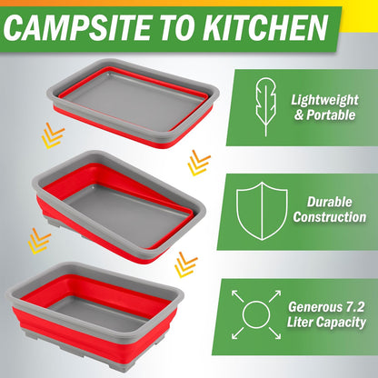 Collapsible Cleaning Caddy - Portable Multi-use Wash Basin, Dish Tub, or Ice Bucket with 7.27L Capacity for Camping and Tailgating by Wakeman (Red)
