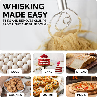 Zulay Kitchen 13-Inch Danish Dough Whisk - Stainless Steel Wooden Whisk with Dough Hook - Sourdough Whisk for Bread, Pizza, Pastry, Cake Batter & More - Wood