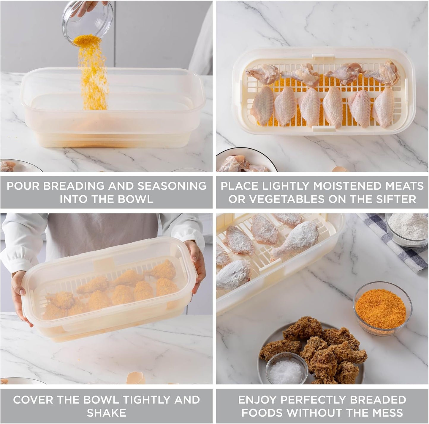 COOK WITH COLOR Collapsible Batter Bowl - Mess Free Breading Shaker Container - Great for Fried Fish, Fried Chicken, Onion Rings, Wings & More, Gray