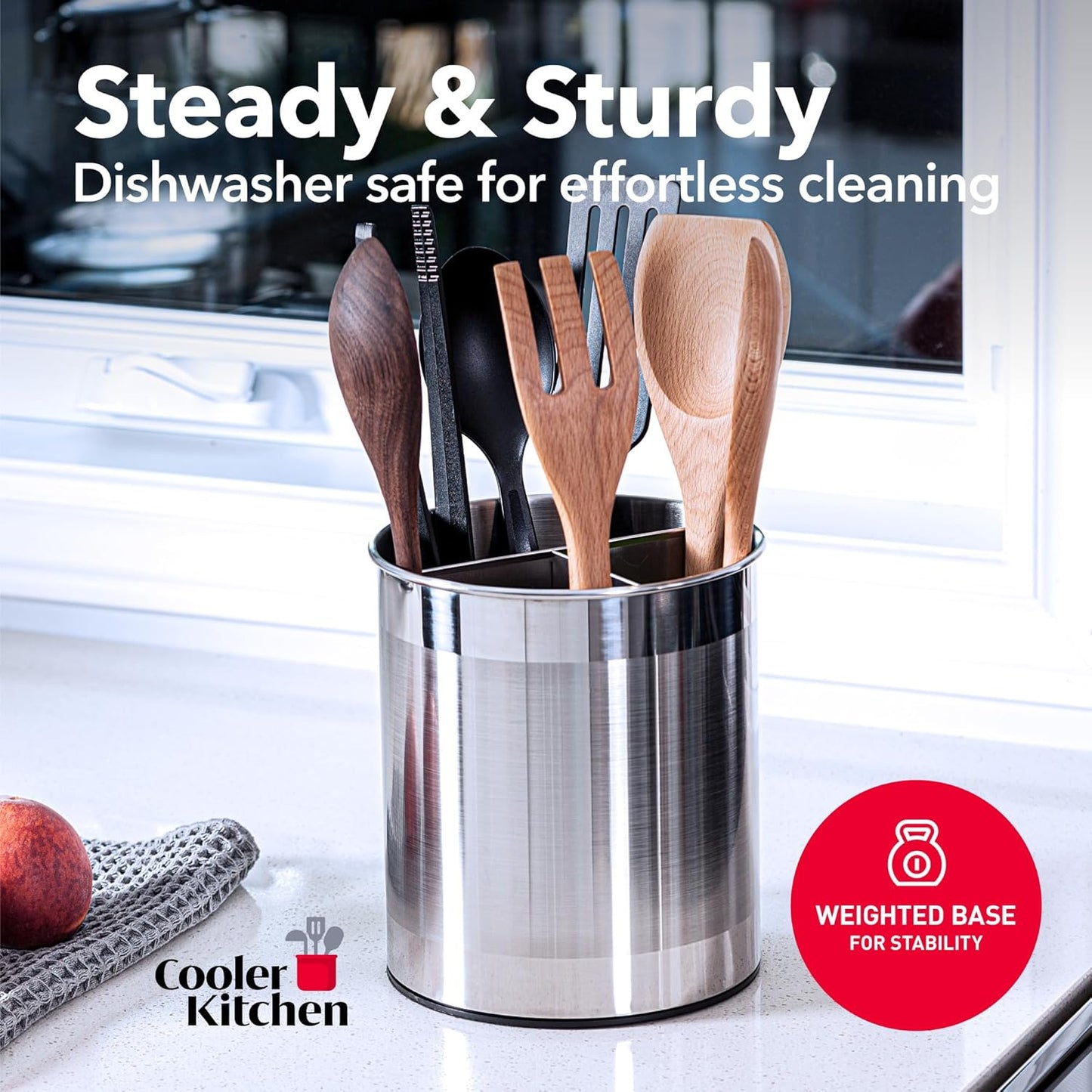 Cooler Kitchen Jumbo Extra Large Sturdy Rotating Black Utensil Holder Caddy with No-Tip Weighted Base, and Gripped Insert - Rust Proof and Dishwasher Safe Kitchen Utensils Holder