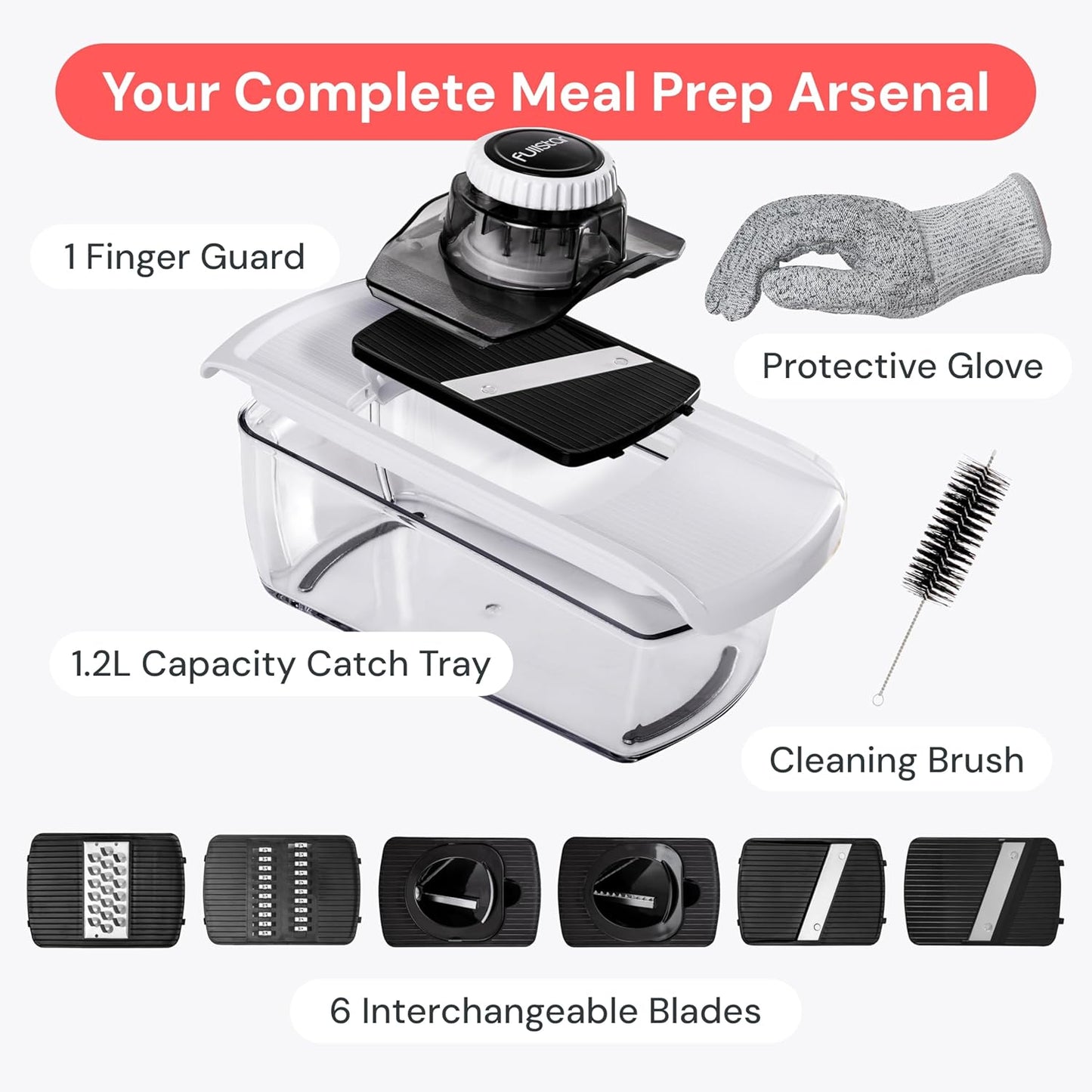 Fullstar Mandoline Slicer for Kitchen, Fruit Cutter, Cheese Grater, Cucumber Slicer, Veggie Spiralizer, Food Cutter & Kitchen Gadgets & Gifts with Safety Glove (6 in 1, White)