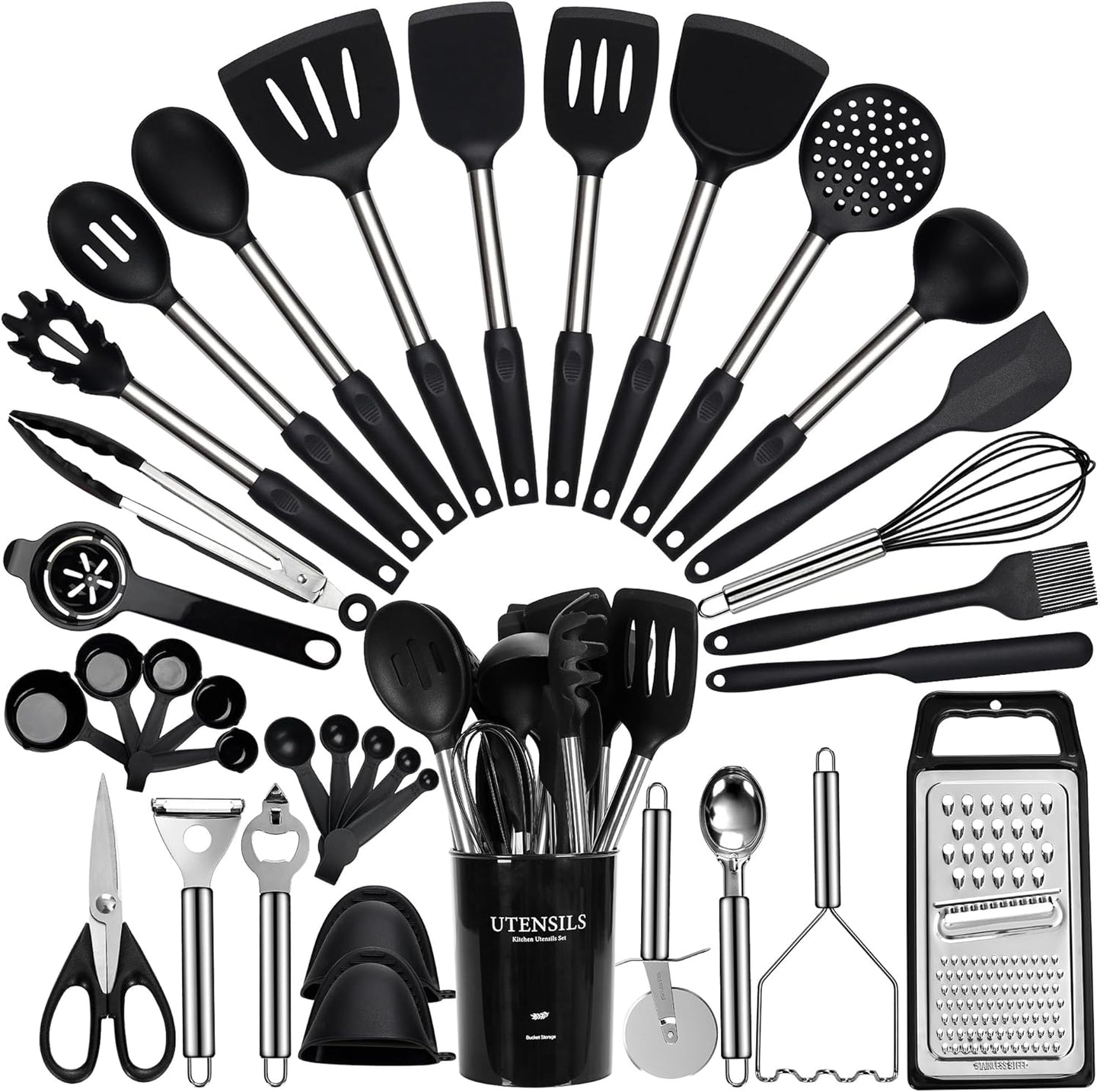 Cooking Utensils Set, 35Pcs Silicone Kitchen Utensils Set with Holder, 446°F Heat Resistant Food Grade Spatula Set, BPA Free Kitchen Gadgets for Non-stick Cookware, Easy to Clean (Khaki)