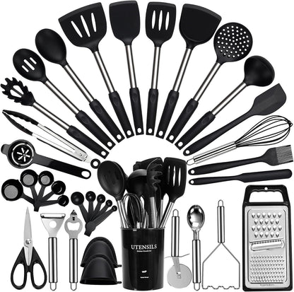 Cooking Utensils Set, 35Pcs Silicone Kitchen Utensils Set with Holder, 446°F Heat Resistant Food Grade Spatula Set, BPA Free Kitchen Gadgets for Non-stick Cookware, Easy to Clean (Khaki)
