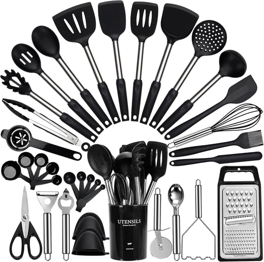 Cooking Utensils Set, 35Pcs Silicone Kitchen Utensils Set with Holder, 446°F Heat Resistant Food Grade Spatula Set, BPA Free Kitchen Gadgets for Non-stick Cookware, Easy to Clean (Khaki)