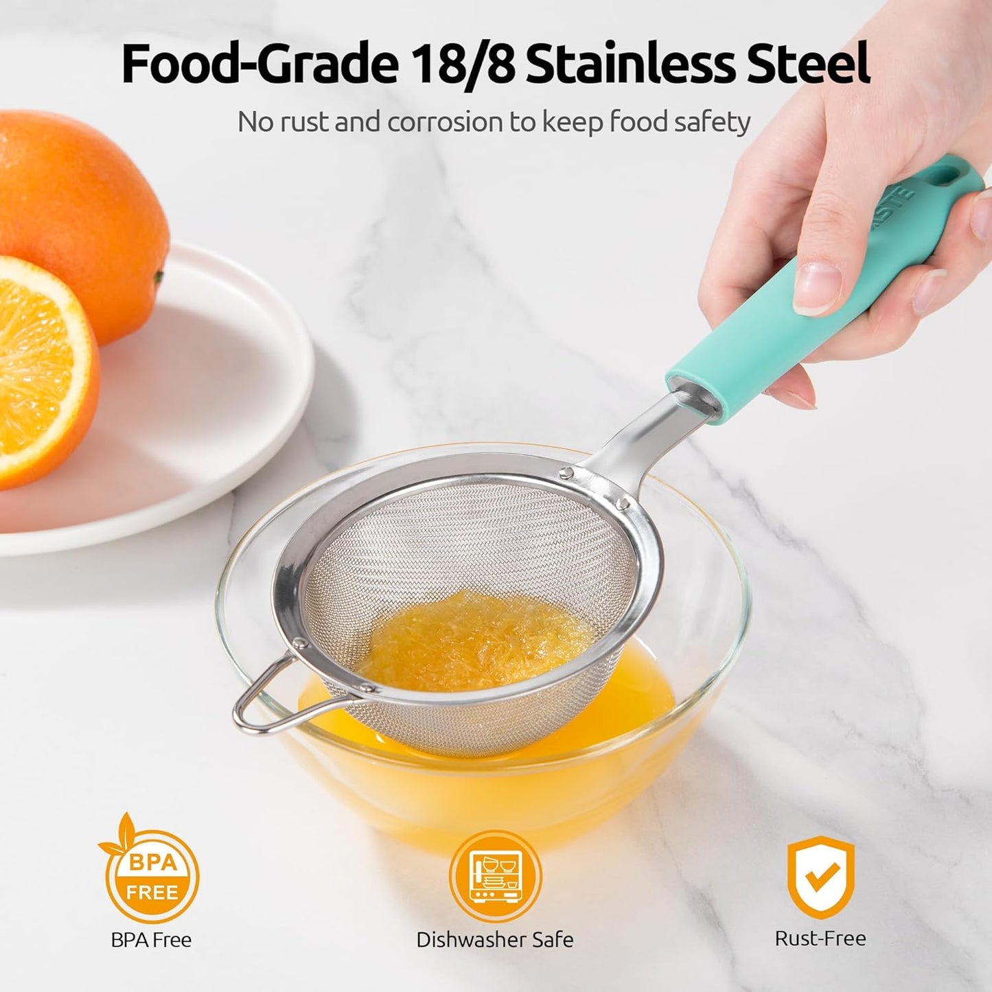 U-Taste Medium Fine Mesh Strainer: 18/8 Stainless Steel 4.73in 30 Mesh Kitchen Food Sieve with Sturdy Riveted Silicone Handle, Heavy Duty Deep Handheld Metal Colander for Rice, Quinoa, Flour (Black)