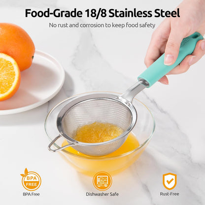 U-Taste Medium Fine Mesh Strainer: 18/8 Stainless Steel 4.73in 30 Mesh Kitchen Food Sieve with Sturdy Riveted Silicone Handle, Heavy Duty Deep Handheld Metal Colander for Rice, Quinoa, Flour (Black)