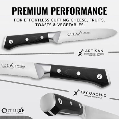 Cutluxe Serrated Kitchen Utility Knife - 5" Tomato Knife – Ultra Sharp Blade, Ergonomic Handle, Full Tang, Forged High Carbon German Steel – Artisan Series