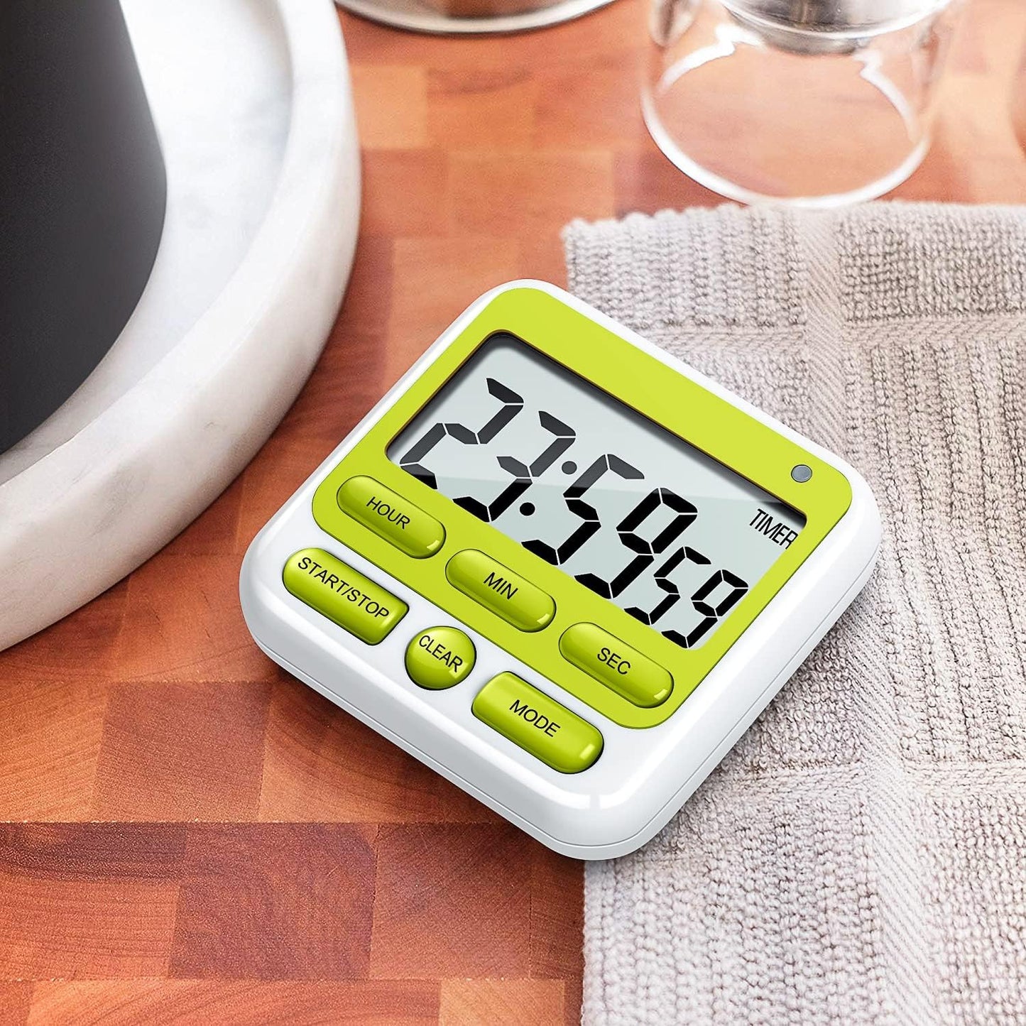 KTKUDY Digital Kitchen Timer with Mute/Loud Alarm Switch ON/Off Switch, 12-Hour Clock & Alarm, Memory Function Count Up & Count Down for Kids Teachers Cooking, Large LCD Display, Strong Magnet (Black)