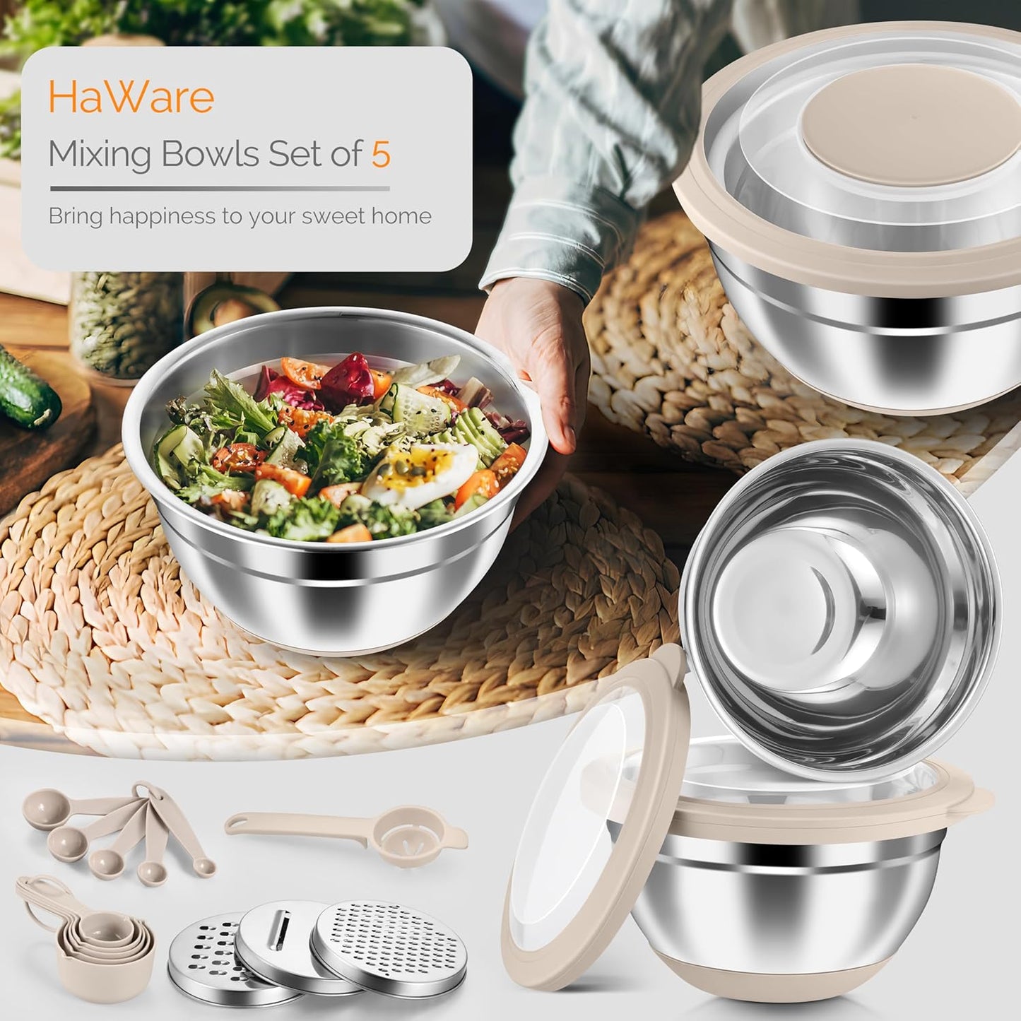 HaWare Mixing Bowls, 24-Piece Stainless Steel Salad Serving Bowl with Airtight Clear Lids, Metal Nesting Bowl For Kitchen Cooking Prepping Storing with 3 Graters, 4.6/2.6/1.5/1/0.7 QT, Khaki