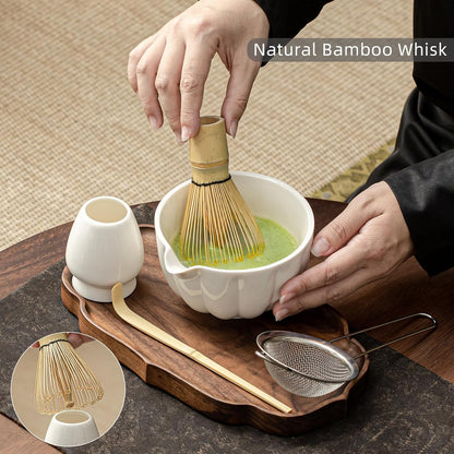 Matcha Whisk Set, Matcha Set Includes Ceramic Matcha Bowl, Bamboo Whisk, Scoop, Chasen Holder, Sifter, 5 Pcs Perfect Matcha Kit for Matcha Lover (Pearl White)