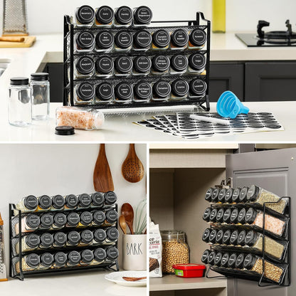 AOZITA Spice Rack Organizer for Cabinet, Spice Organizer with 28 Empty Spice Jars with Black Lids, Funnel, Spice Labels, Seasoning Organizer for Countertop, Cabinet, Kitchen, Pantry, Cupboard