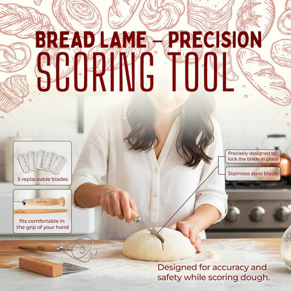 Danish Dough Whisk Set – Wooden Scraper & Lame Scoring Tool | Sourdough Whisk & Mixing Tool Kit | Bread Utensils for Homemade Bread, Pizza, Pastry | Stainless Steel & Wood