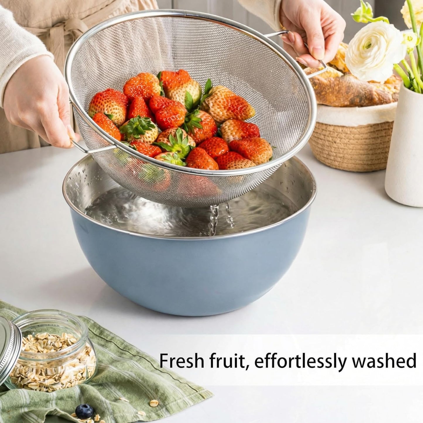 304 Stainless Steel Kitchen Colander Set, 3.5QT Colander with Handle and Bowl, 40 Mesh Fine Strainer, Fast Draining for Rice, Pasta, Fruits & Vegetables, Dishwasher Safe