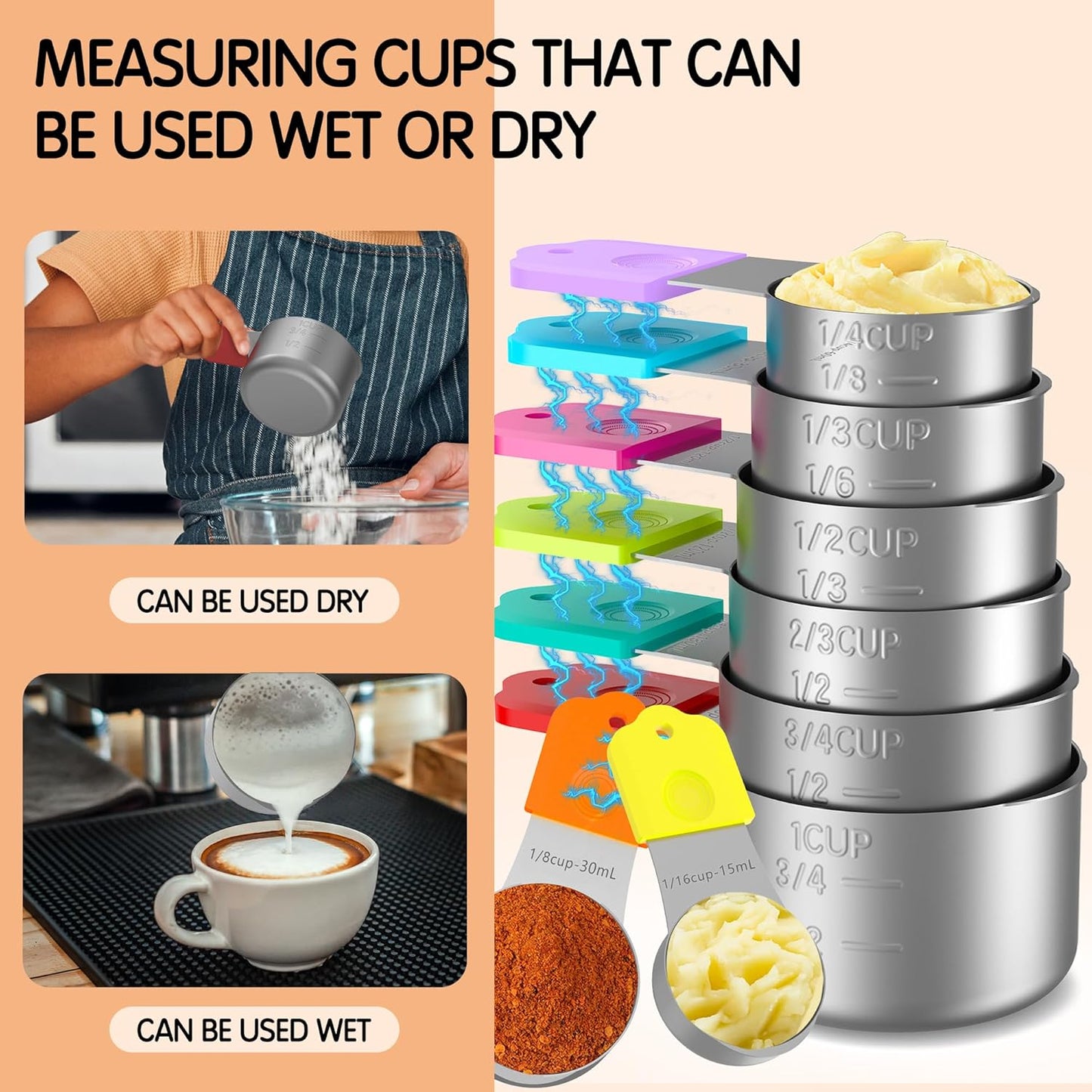 Magnetic Measuring Cups, 5 Stainless Steel Nesting Measuring Cup Set for Measuring Dry or Liquid Ingredients
