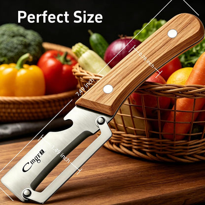 Maxjoy Multifunctional Vegetable Peeler, Zero Flex & Zero Snag, Stainless Steel with Wooden Handle, 2 in 1 Peeler with Bottle Opener for Potato Apple Carrot Fruit