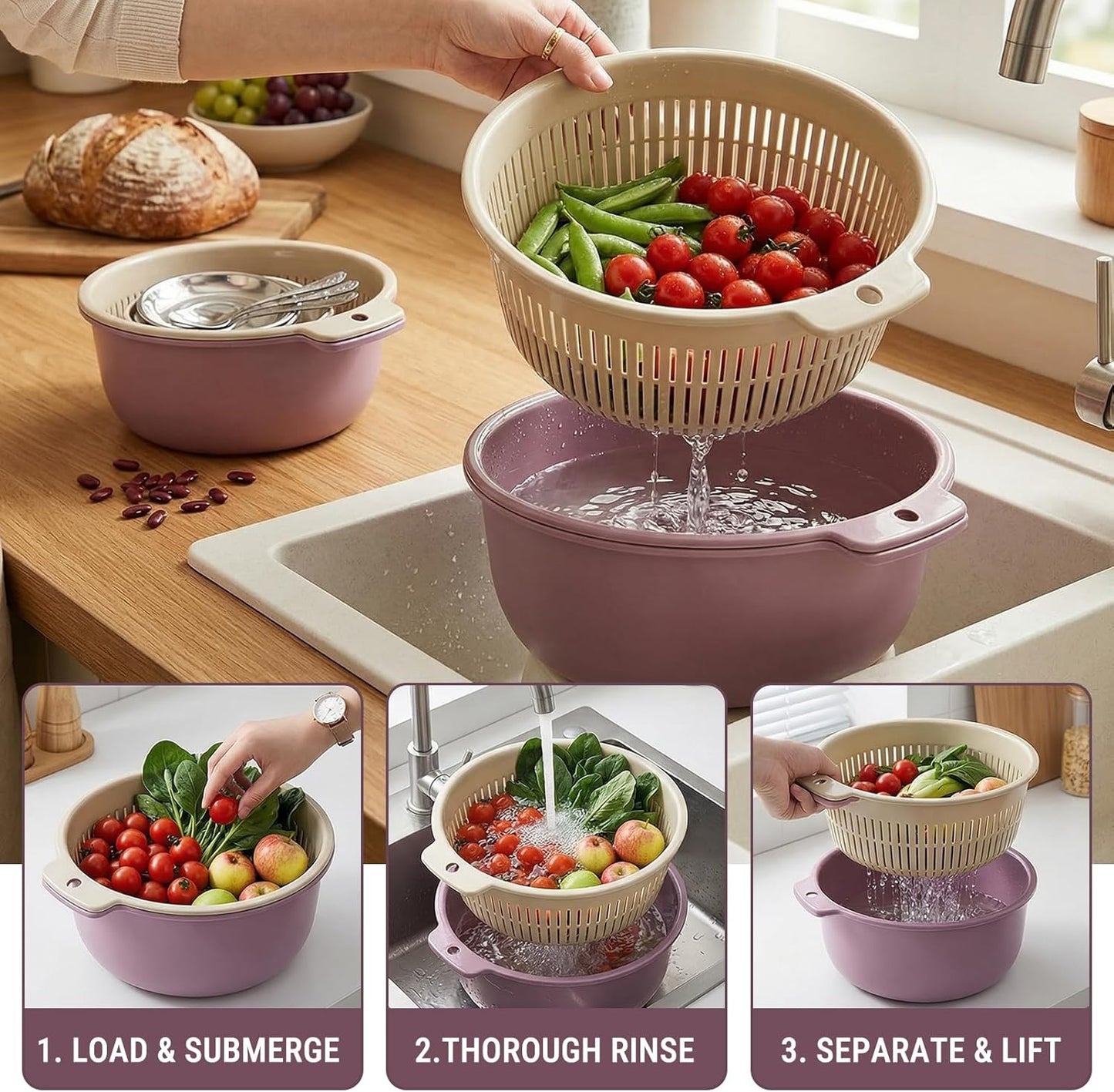 2 in 1 Colander Bowl Set, Detachable Strainer and Serving Bowl Kitchen Fruit Vegetable Washing Drainer for Home Meal Prep and Salad Making (Small 14x7x16cm)