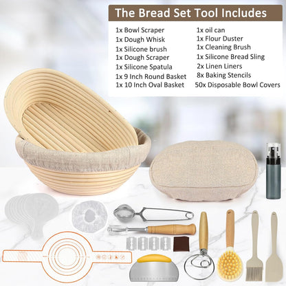 Banneton Bread Proofing Basket, Sourdough Bread Baking Supplies Kit, 10" Oval & 9" Round Banneton Baskets, Sourdough Basket Starter Set with Brush, Oil Can, Dough Whisk, Sling
