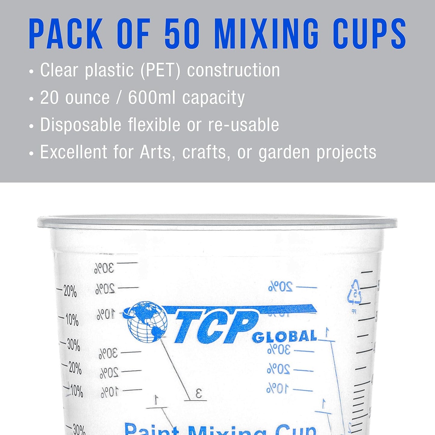 TCP Global 20 oz. (600ml) Graduated Plastic Mixing Cups - Box of 25 - Disposable Plastic Measuring Cups for Liquids, Paints, Resin, Epoxy, Art, Kitchen - Ratios 2-1, 3-1, 4-1 ML