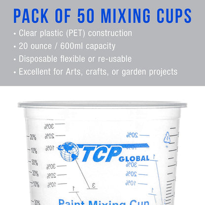 TCP Global 20 oz. (600ml) Graduated Plastic Mixing Cups - Box of 25 - Disposable Plastic Measuring Cups for Liquids, Paints, Resin, Epoxy, Art, Kitchen - Ratios 2-1, 3-1, 4-1 ML