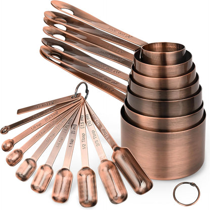 Copper Measuring Cups and Spoons Set, Stainless Steel Measuring Cups and Spoons Set 12, Metal Measuring Cups Set, 5 Measuring Cup Set and 6 Copper Measuring Spoons &Leveler for Kitchen