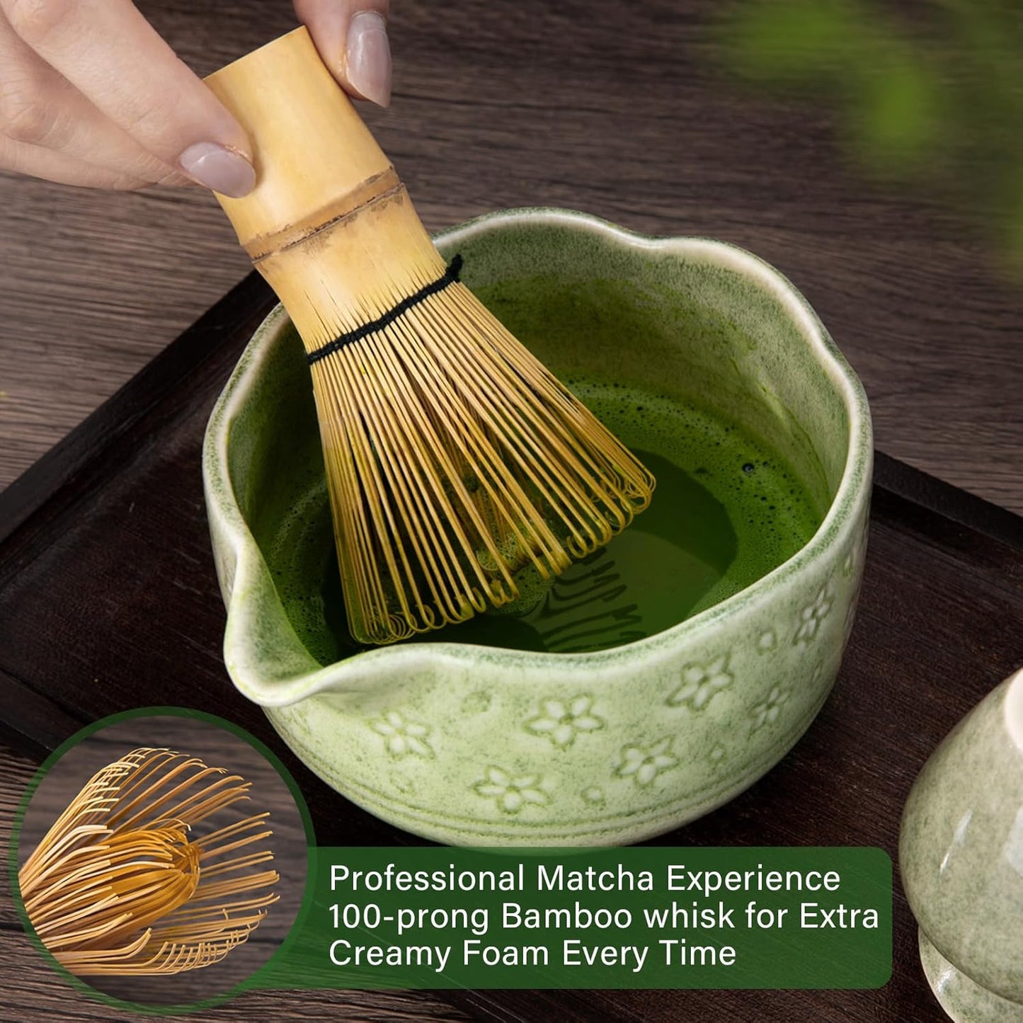 ALBISS Matcha Whisk Set - 7 Pcs Ceramic Matcha Kit with 18oz Spout Bowl & Cherry Blossom Design, Bamboo Whisk & Holder, Scoop, Rest, Sifter, Towel, Elegant Japanese Tea Gift Set for Macha Lover, Green