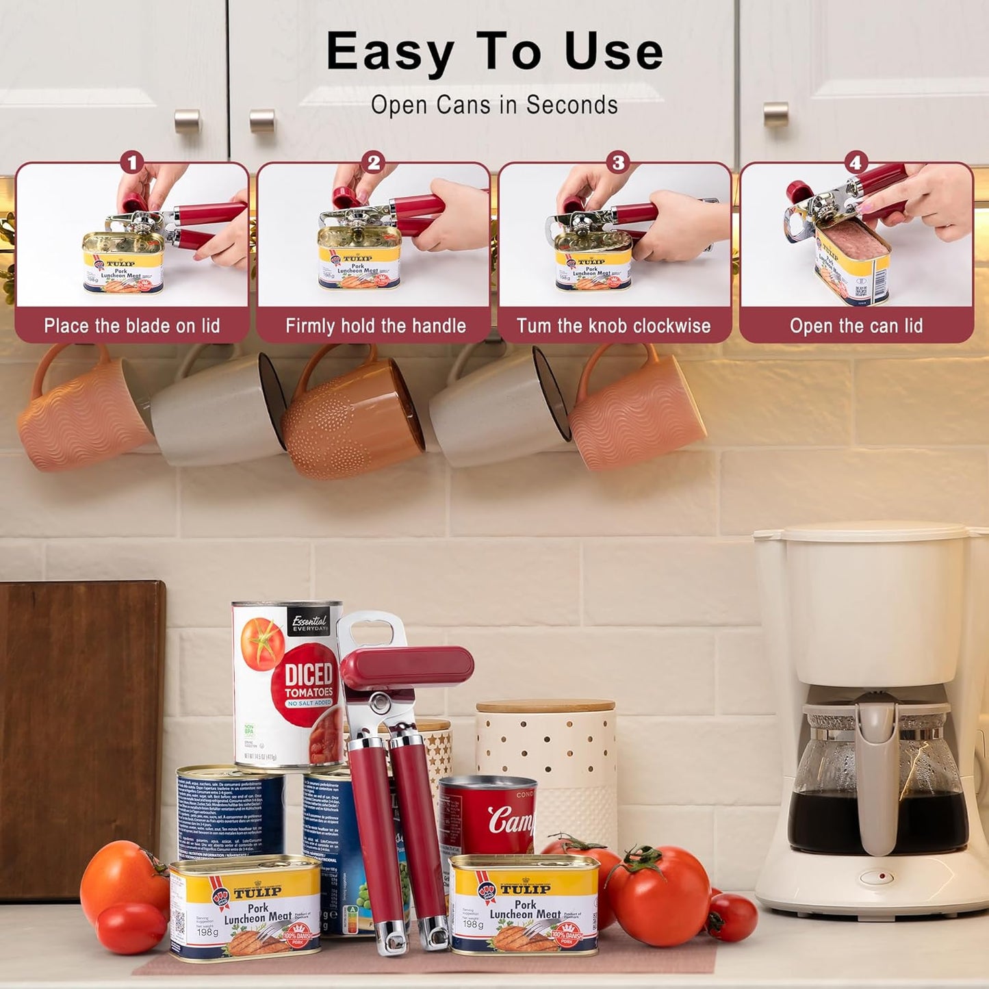 Urbanstrive XL Large Heavy Duty Can Opener Manual Smooth Edge, Hand Held Can Openers for Seniors, Stainless Steel, Comfortable Handle, Built-in Bottle Opener, 8.66 inch (Red)