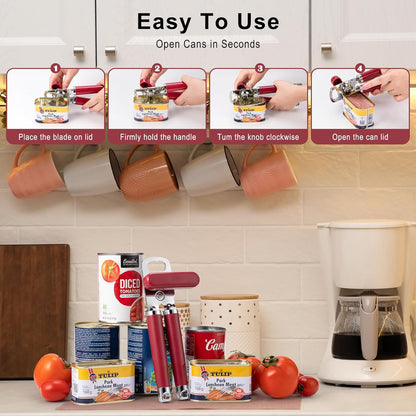 Urbanstrive XL Large Heavy Duty Can Opener Manual Smooth Edge, Hand Held Can Openers for Seniors, Stainless Steel, Comfortable Handle, Built-in Bottle Opener, 8.66 inch (Red)