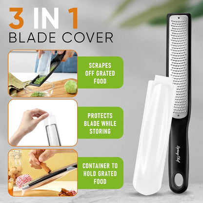 Spring Chef Premium Lemon Zester Grater with Handle - Fruits, Garlic, Chocolate, Nutmeg, Ginger Grater - Heavy Duty Kitchen Tool - Stainless Steel Citrus Zester with Blade Cover - Fine Shred, Black