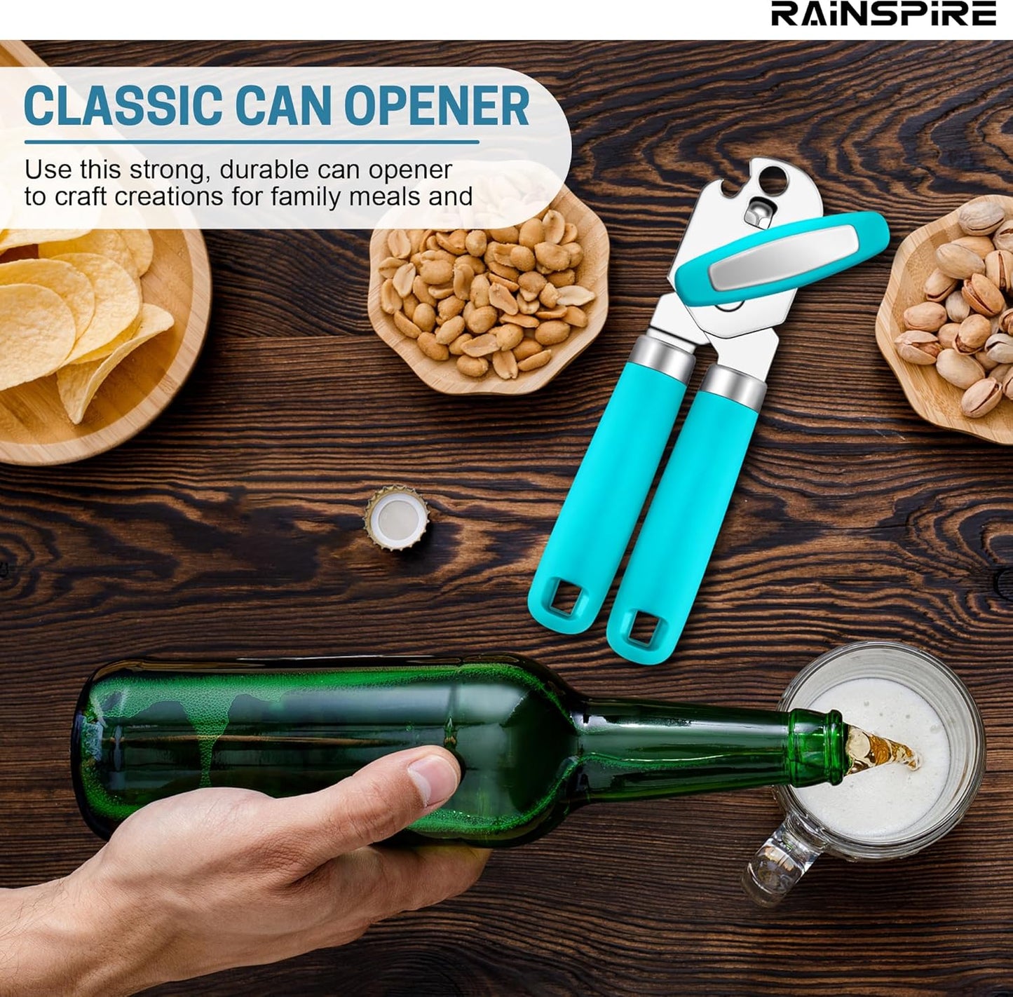 Rainspire Upgraded Can Opener Manual with Bottle Opener Smooth Edge Cut, Can Opener Heavy Duty, Comfortable Soft Handle, Built-in Bottle Opener, Black