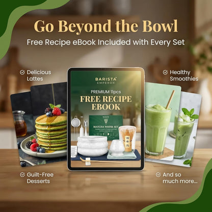 BARISTA EMPEROR® MATCHA WHISK SET PREMIUM 11pcs - Professional Matcha Kit Set with Matcha Bowl, Matcha Whisk, Milk Frother, Spoon, Sifter, Scoop, Stand, Cup, Tea Mat, Cloth - Matcha Bowl Set