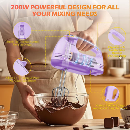 WADODO 7-Speed Electric Hand Mixer – Portable Food Mixer Kitchen Mixer with 304 *(1x Whisk, 2x Beater, 2x Dough hook) for Baking Cakes, Cream, Cookies, Light Pink