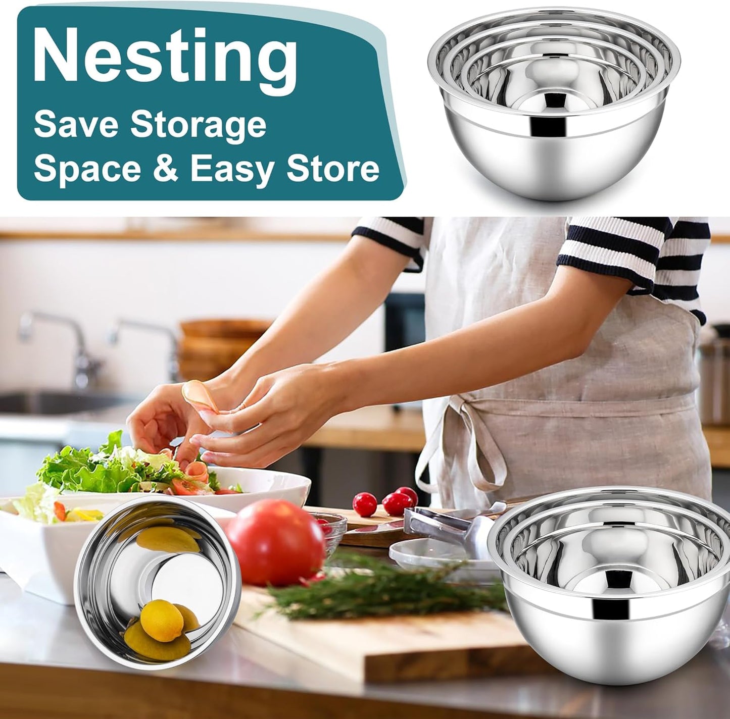 E-far Mixing Bowls with Lids, 6-Piece Stainless Steel Salad Bowls Metal Nesting Bowls for Baking Cooking and Prepping, Airtight Lids & Stackable Design, Size 4.5, 3, 1.5 QT (Black)