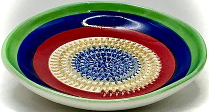 BonCera, All-in-one Premium Ceramic Garlic Grater Plate 4-Piece Set - Multicolor 5 Circle Design - For Garlic, Ginger, Chocolate, and more! - Comes with 5" Plate, Peeler, Brush, and Stand