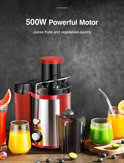 Qcen Juicer Machine, 500W Centrifugal Juicer Extractor with Wide Mouth 3” Feed Chute for Fruit Vegetable, Easy to Clean, Stainless Steel, BPA-free (Black)