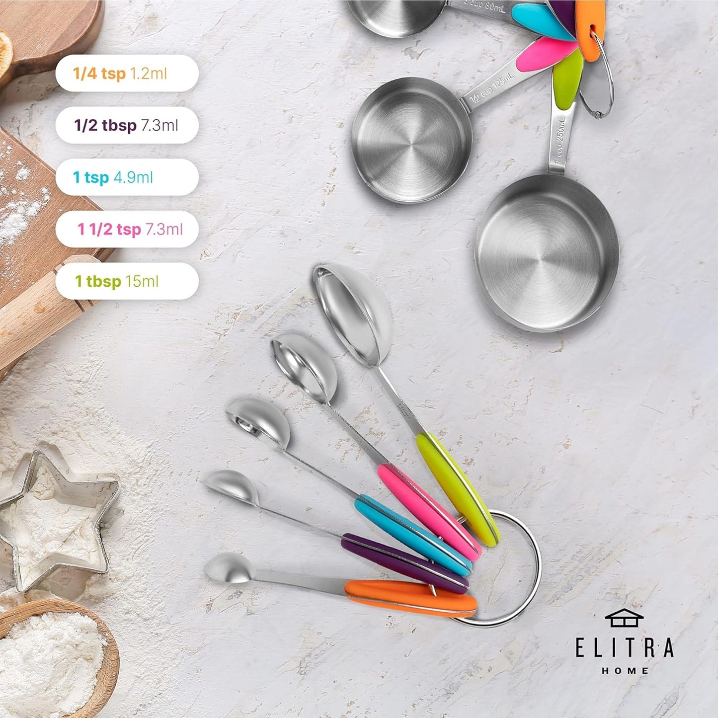 Elitra Home Complete Measuring Set, 13-Pack Stainless Steel Cups, Spoons, Plastic Measuring Pitchers with Spout - Engraved Measurements, Non-Slip Handles - Cooking & Baking Essentials