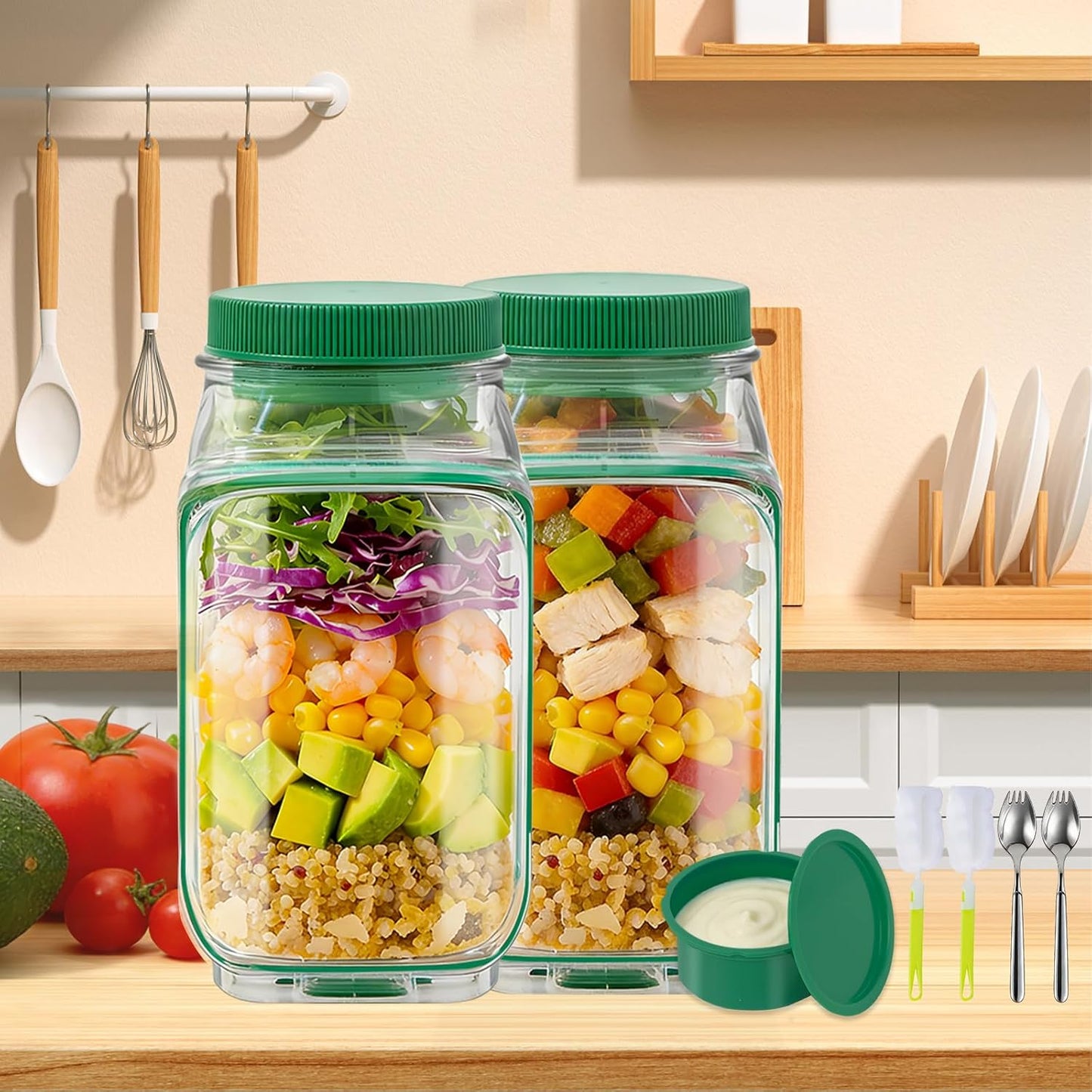 FNHMSL Side-Opening Mason Salad Jar, Portable (35 oZ) 1000ml Salad Container with Leakproof Dressing Cup, Includes Spoon and Cleaning Brush, Perfect for Meal Prep, Gym, Office, Picnic and Travel