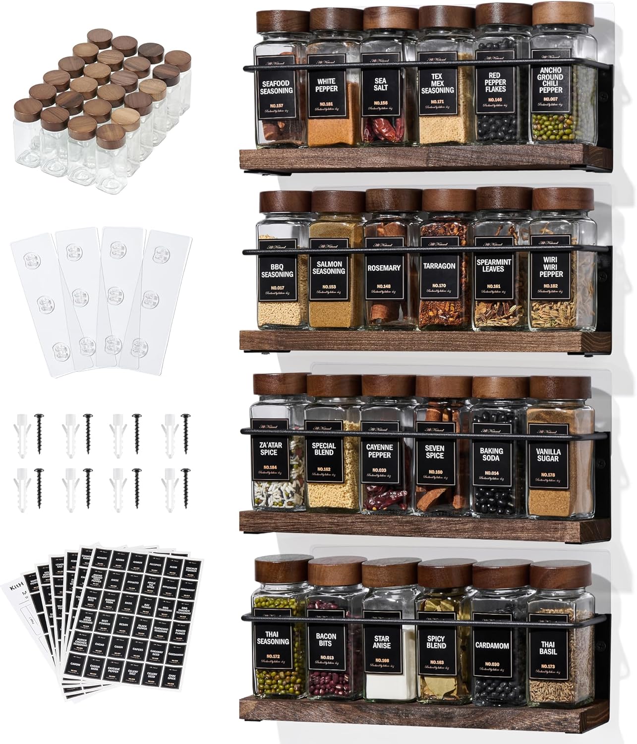4-Tier Wall Mount Spice Rack Organizer with 24 Glass Jars, 216 Labels & Funnel - Screw/Adhesive Mount, Black Metal & Wood Spice Storage for Kitchen Pantry Cabinet, 11.6”W x 2.4”D x 3.2”H