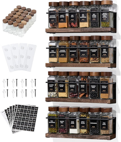 4-Tier Wall Mount Spice Rack Organizer with 24 Glass Jars, 216 Labels & Funnel - Screw/Adhesive Mount, Black Metal & Wood Spice Storage for Kitchen Pantry Cabinet, 11.6”W x 2.4”D x 3.2”H