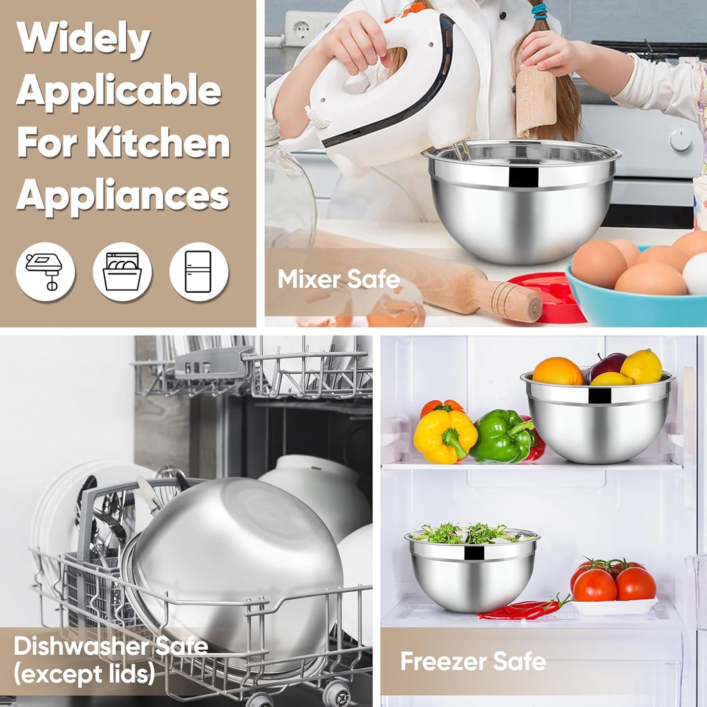 TeamFar Mixing Bowls with Lids, 5-Piece Stainless Steel Metal Nesting Salad Bowl for Mixing Prepping, Healthy & Heavy Duty, Airtight Lids & Dishwasher Safe, 4.5/3/1.5/1/0.7 QT-Khaki