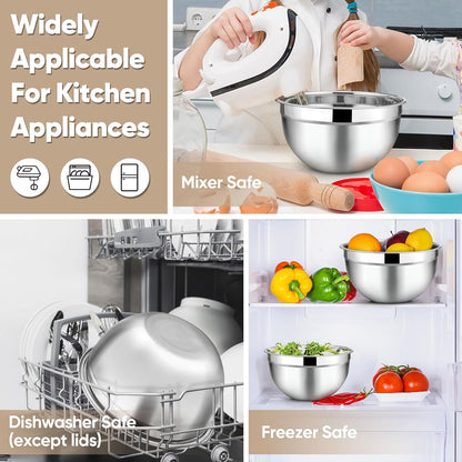 TeamFar Mixing Bowls with Lids, 5-Piece Stainless Steel Metal Nesting Salad Bowl for Mixing Prepping, Healthy & Heavy Duty, Airtight Lids & Dishwasher Safe, 4.5/3/1.5/1/0.7 QT-Khaki