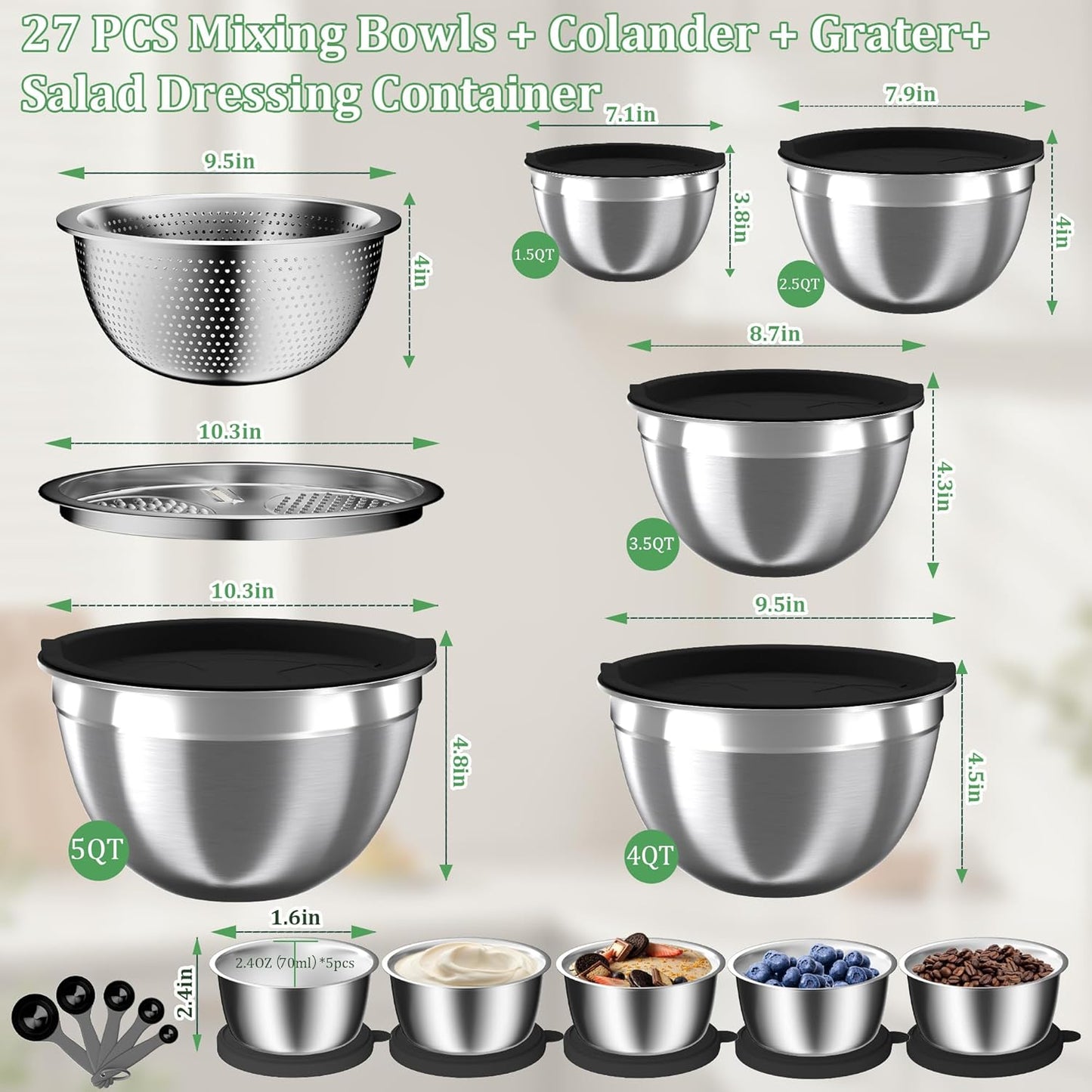 Mixing Bowls with Airtight Lids Set, 4 Stainless Steel Bowls Nesting Bowls & Colander, Kitchen Organizers and Storage Non-Slip Bottom, Size 1.5/2.0/2.5/4.5QT, Great for Mixing & Serving, Khaki