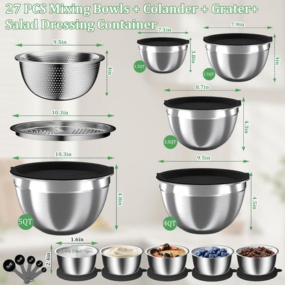 Mixing Bowls with Airtight Lids Set, 4 Stainless Steel Bowls Nesting Bowls & Colander, Kitchen Organizers and Storage Non-Slip Bottom, Size 1.5/2.0/2.5/4.5QT, Great for Mixing & Serving, Khaki