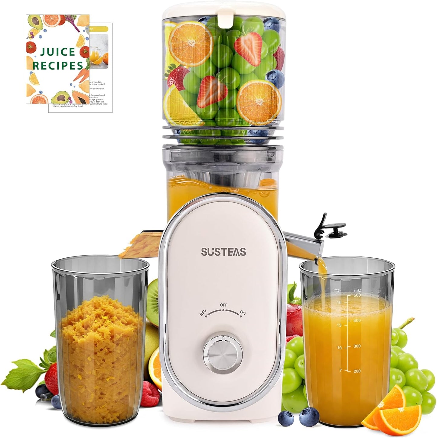 SUSTEAS Cold Press Juicer, 300W, 5.3" Large Feed Chute, 1.5L Capacity, Automatic Feeding, High Yield, Easy to Clean, Ideal for Whole Fruits & Vegetables, Black