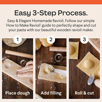 Cooking Gift Set Co. Artisanal Ravioli Maker Press, Wooden Ravioli Mold & Pasta Maker, Ravioli Press, Pasta Cutter Wheel, Ravioli Maker Tool, Guide Pasta Making Tools Set for Homemade Pasta (3 Piece)