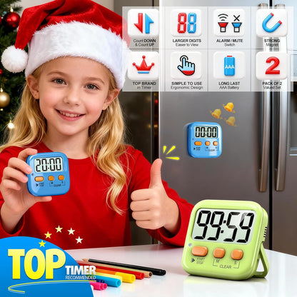 Antonki 2 Pack Digital Timer for Kids, Magnetic Countdown Kitchen Timers for Cooking, Egg, Classroom, Teacher, Exercise, Study, Oven - Battery Included