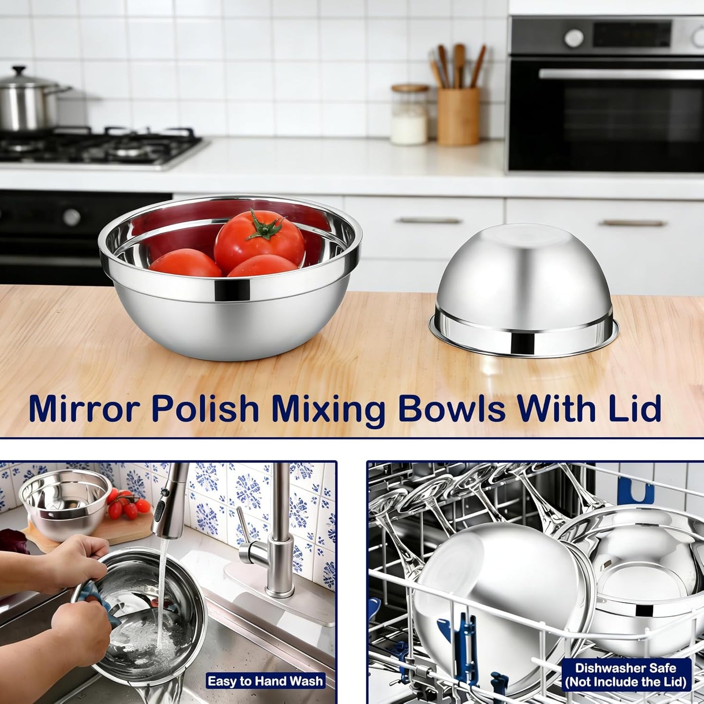 Stainless Steel Mixing Bowls With Lid, Metal Nesting Mixing Bowl Set Of 3, Prep Bowls For Food Prep, Cooking, Baking, Serving, Storage, Dishwasher Safe, Metal Bowls with Lids for 1.5/3/5 Qt, Silver
