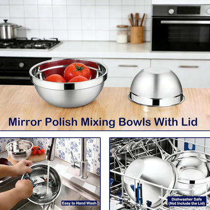 Stainless Steel Mixing Bowls With Lid, Metal Nesting Mixing Bowl Set Of 3, Prep Bowls For Food Prep, Cooking, Baking, Serving, Storage, Dishwasher Safe, Metal Bowls with Lids for 1.5/3/5 Qt, Silver
