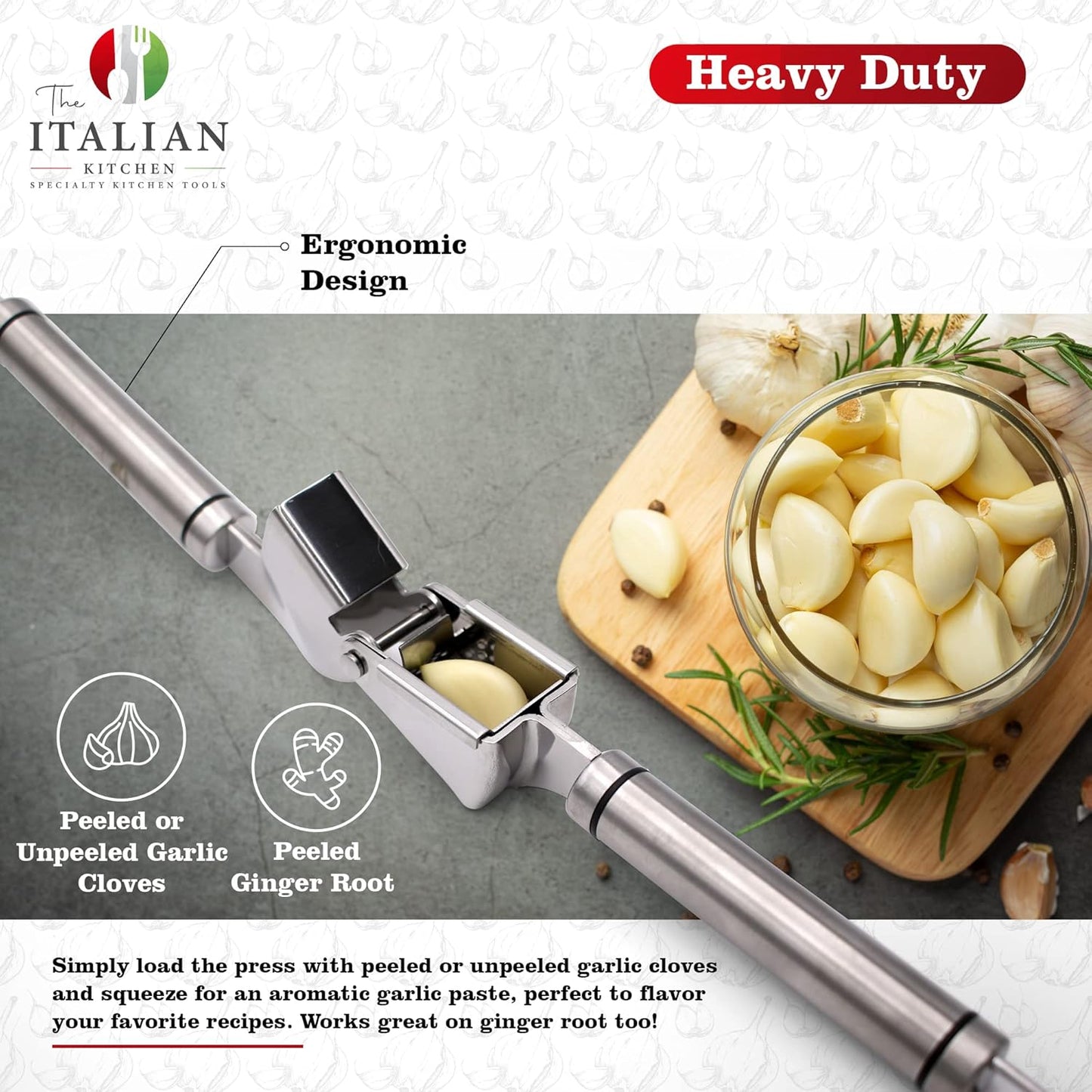 The Italian Kitchen Stainless Steel Garlic Press - Heavy Duty Garlic Extruder